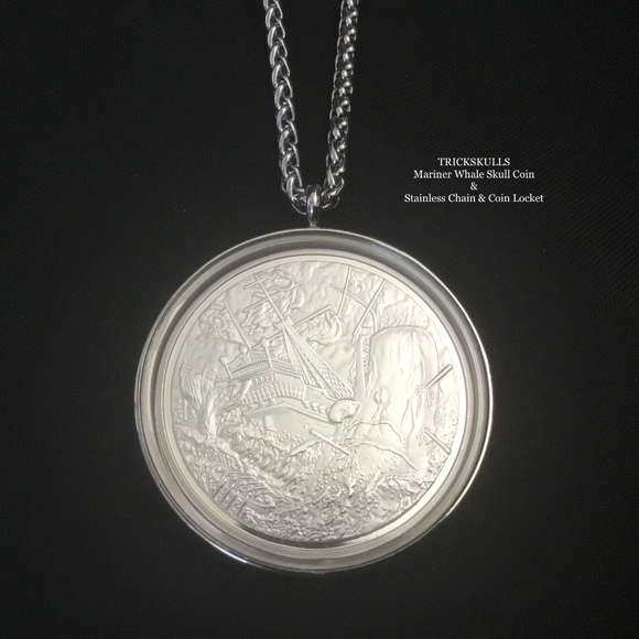 Mariner Whale Skull Moby Dick Ship Coin & Stainless Wheat Link Chain and Locket - Picture 7 of 8